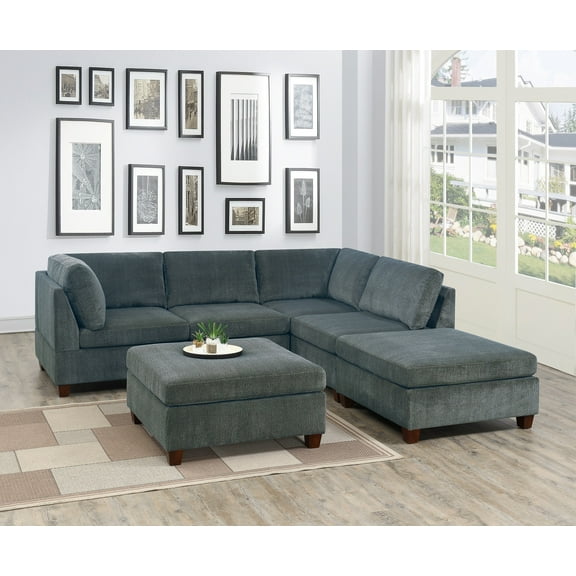 Unique Modular 6pc Sectional Sofa Set Grey Chenille Fabric Wood Legs 2 x Corner Wedge 2x Armless chairs and 2 x Ottoman