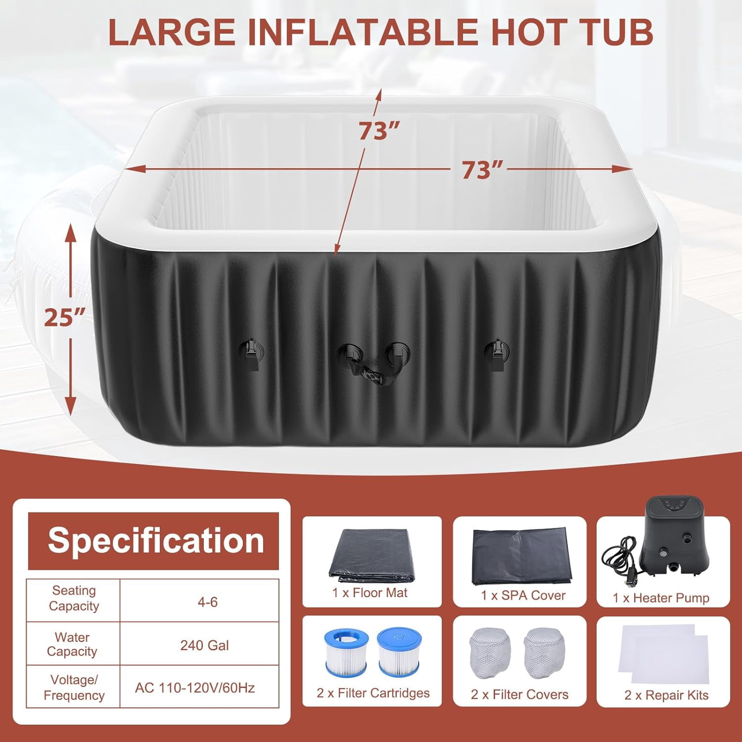 MOPHOTO 2-4 Person Inflatable Hot Tub Square Portable Blow up Hot Tub Leak-Proof PVC Outdoor Spa with 120 Air Jets Insulated Cover Heater Pump(60"*60"*25")