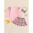 thumbnail image 6 of Baby Toddler Girls 3-piece Outfit, 0 3 6 12 18 Months Long Sleeve Romper with Plaid Skirt Bowknot Headband Fall Outfit, 6 of 9