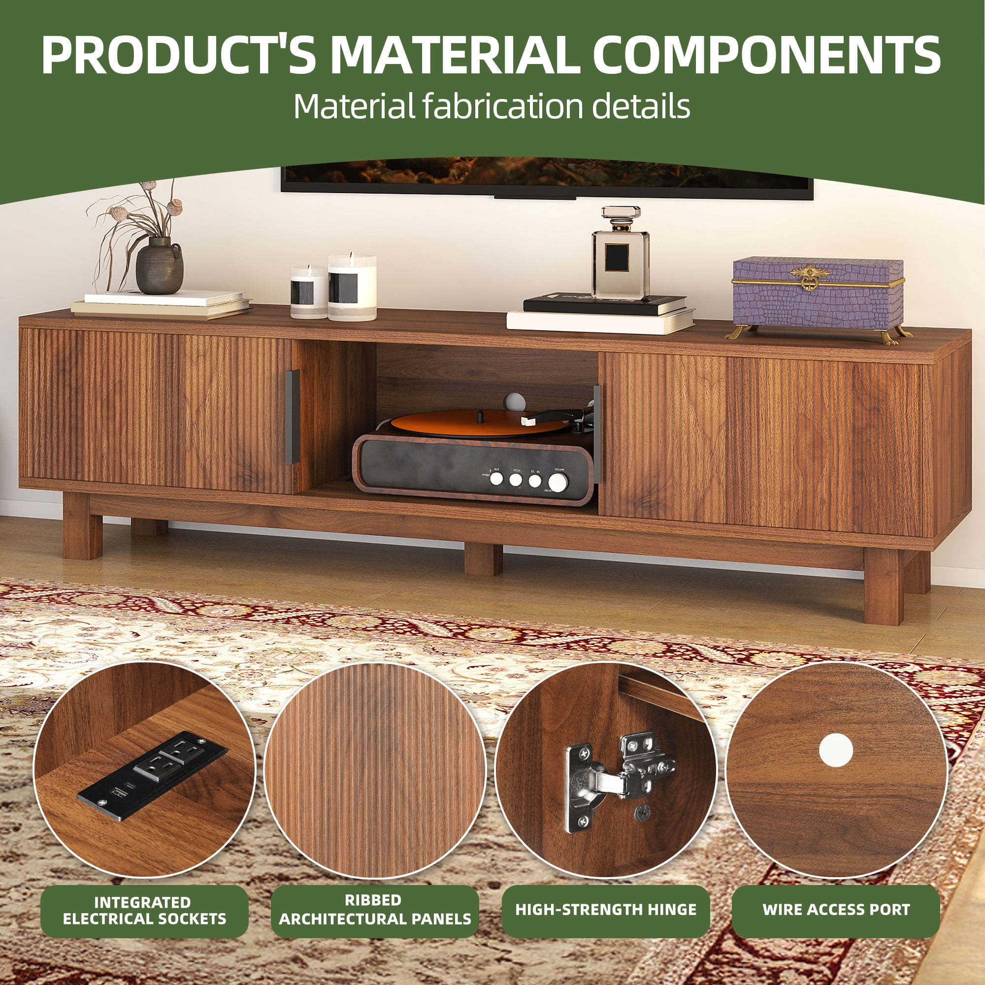 Uforic Fluted TV Stand for 65" TVs, Modern Living Room Media Console with Adjustable Shelf & Power Outlets, Walnut