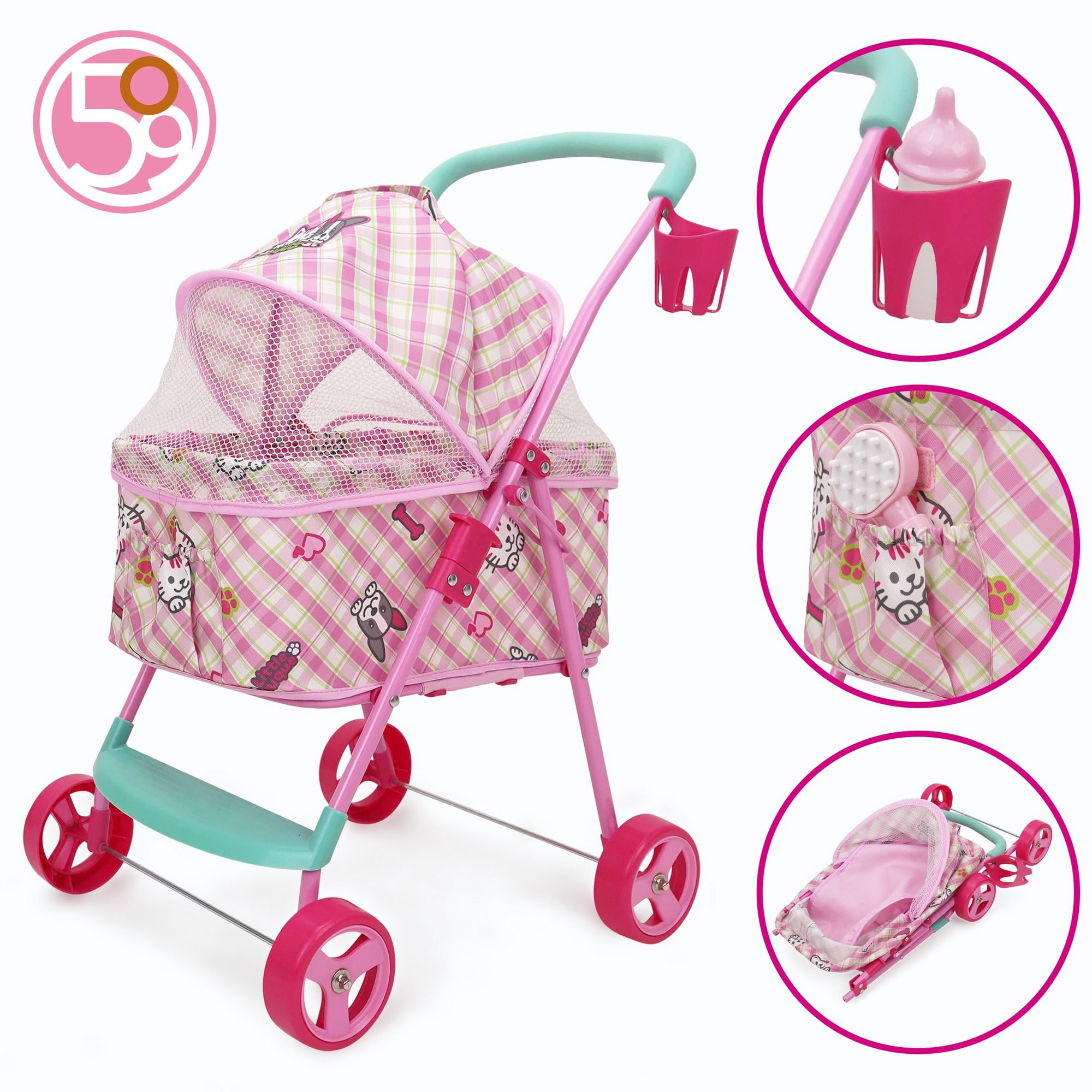 509 Crew: Little Duque 2-In-1 Pet Doll Toy Pram - Pink-Puppy-Kitten Print, Stuffed Animal Stroller w/ Removable Bassinet, Sun Canopy, Roleplay, Kid 3+