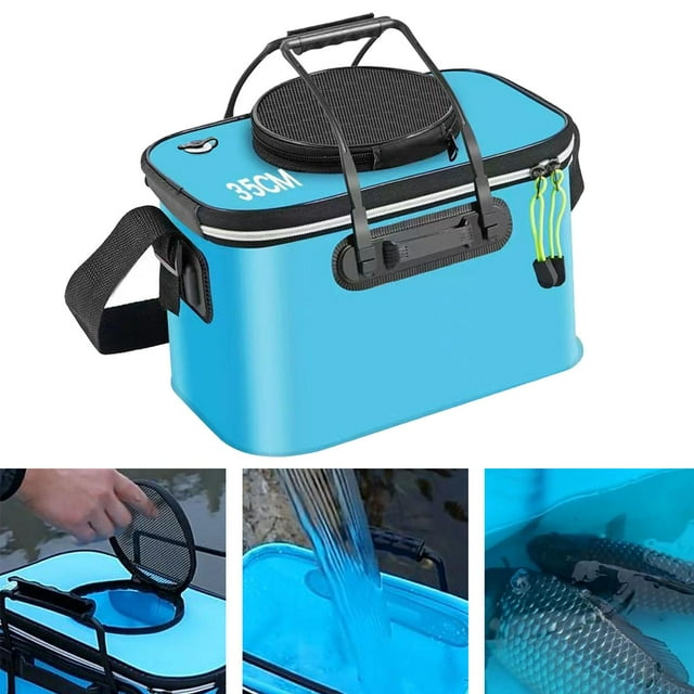Cubo de pesca portátil con correa, plegable, resistente, de gran capacidad, organizador de almacenamiento, contenedor de peces para acampar al Azul con asa