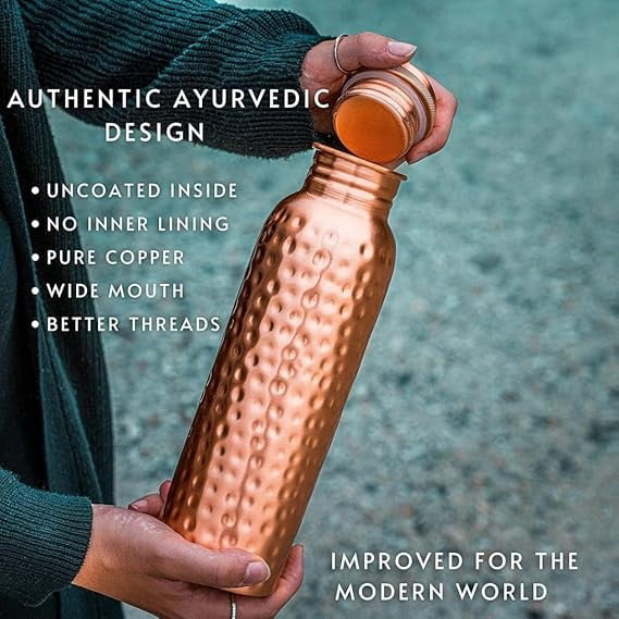 AADHYA COLLECTION Pure Copper Water Bottle With Hammered Shine Finish Design, Drinkware, Storage Purpose, Volume-1 Litre, Pic of 6