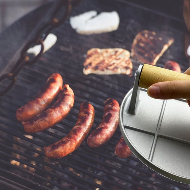YAOMOBB Presse à Viande avec Manche en Bois, Presse à Viande Résistante à la Chaleur avec Poignée en Bois, Presse à Burger en Fonte de Qualité Alimentaire