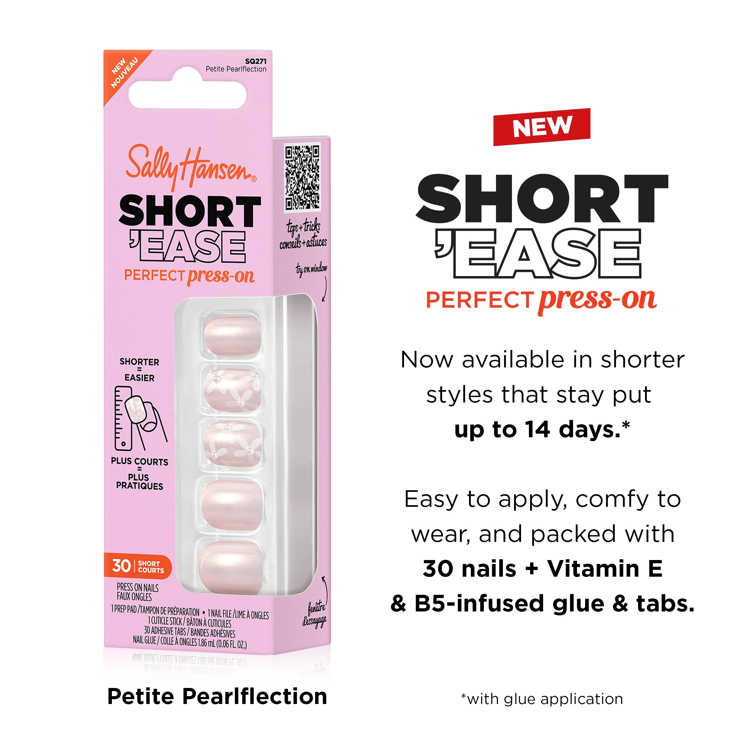 Sally Hansen Perfect Press-On Nails Short'ease Petite Pearlflection Non-Damaging Easy Application