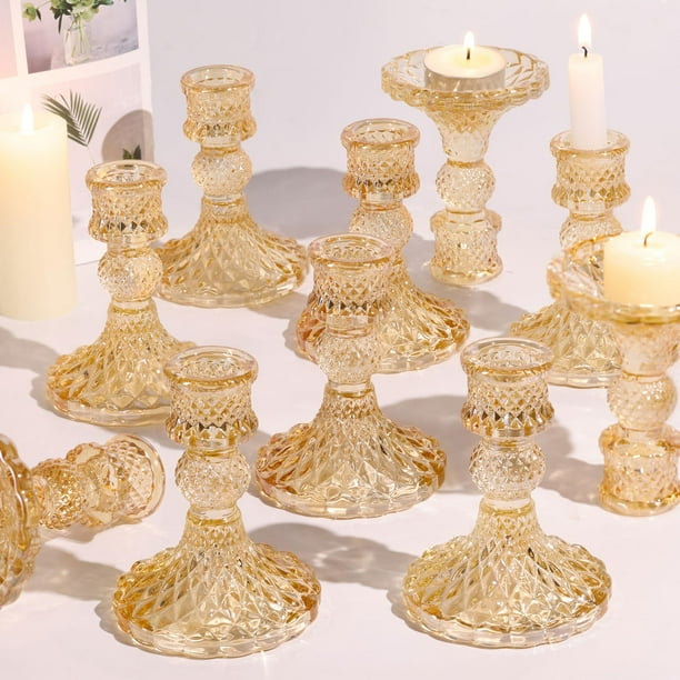 Juego de portavelas Simeitol Gold Glass Taper, juego de 12