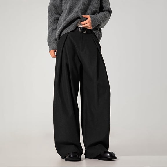 RUTAYY Men's Wide Leg Dress Pants Button Waist Pleated Design Solid Color Side Pockets Fashion Daily Bottoms Black