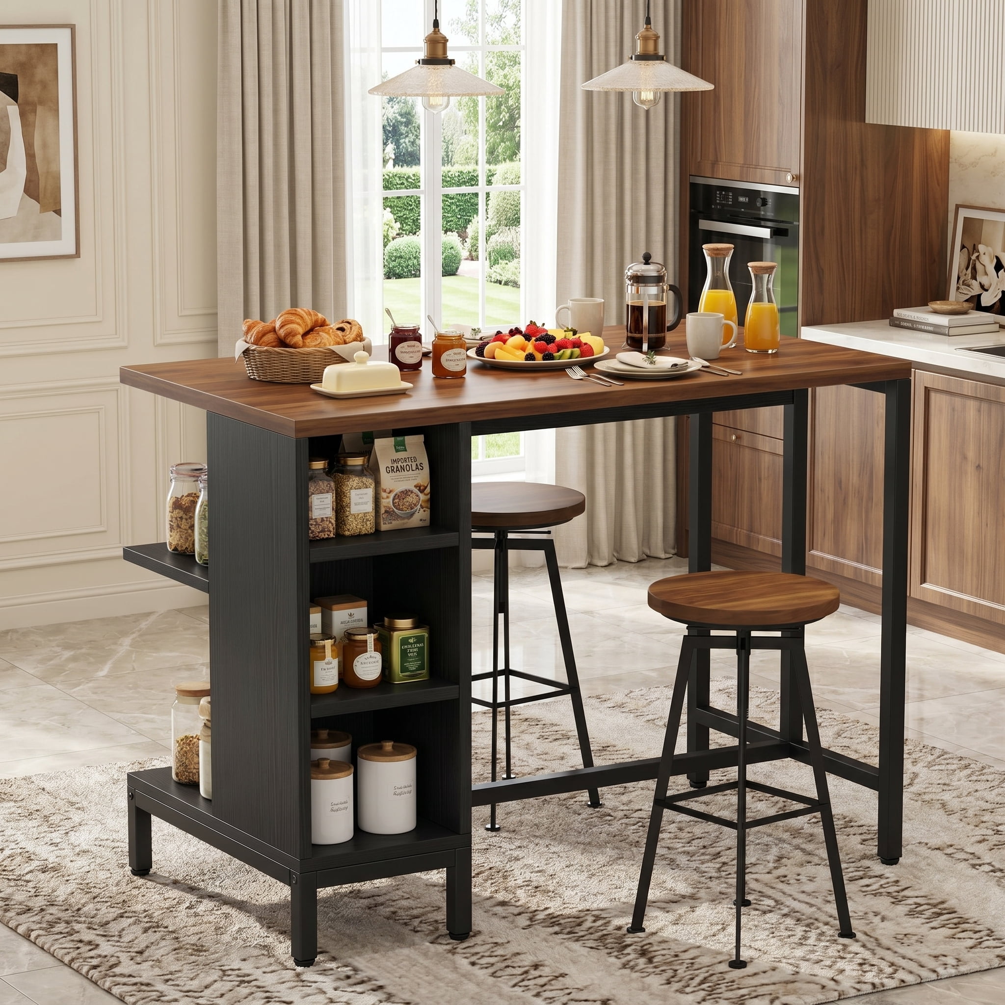 Fnova 43" Kitchen Prep Table with Storage, Butcher Block Island with Large Worktop, Bar Table for Bistro, Rustic Brown (Stools Not Included)
