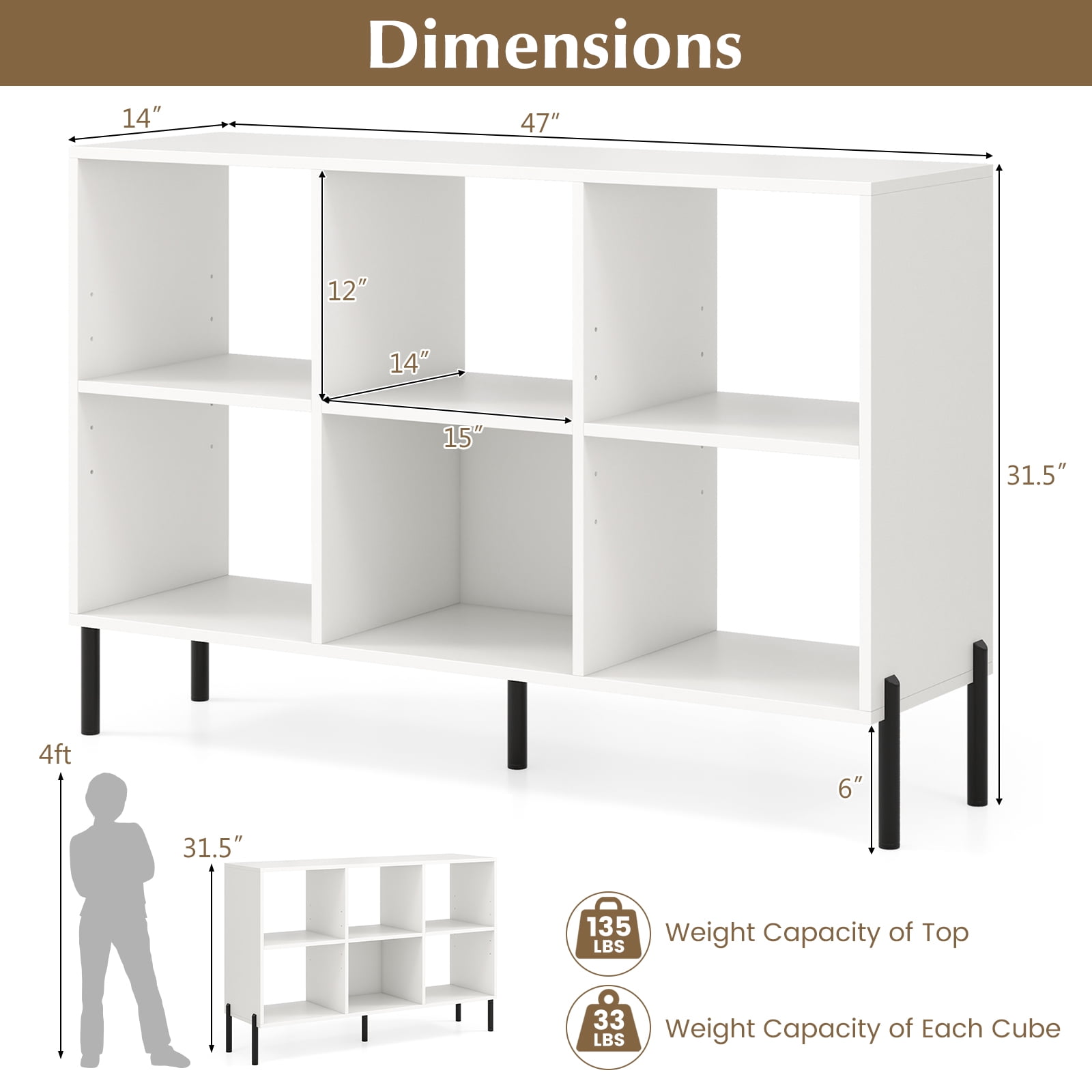 Giantex 6 Cube Storage Organizer Bookshelf, Wood Open Bookcase w/Metal Legs, Adjustable Display Shelf, White