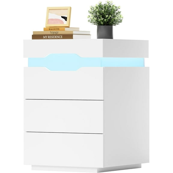 Furniwell LED Nightstand with Charging Station, End Table with 3 Drawers, Night Stand Bedside Table with Sliding Top for Bedroom and Living Room, White