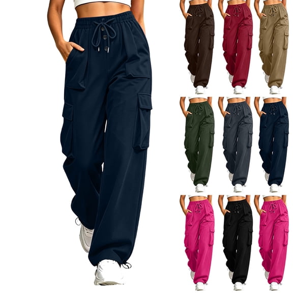 Summer Pants for Women Dqueduo Women's Summer Casual Cargo Pants – Solid Color Drawstring Leg-Binding Sports Trousers with Pockets Navy L