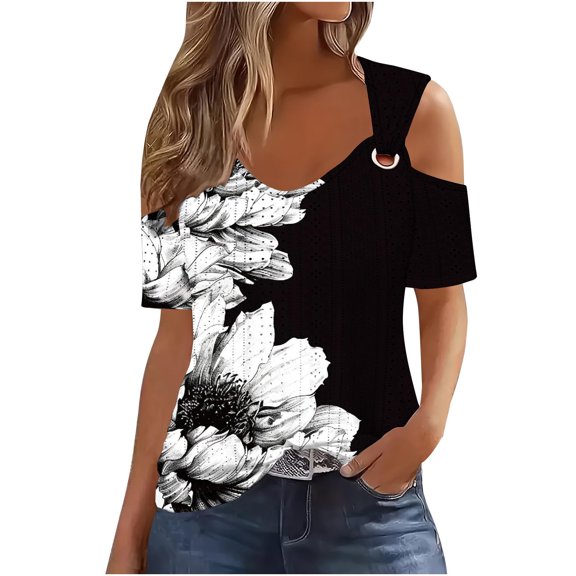 Women's 2026 Fashion Tops Casual V Neck Shirts Solid Dressy Off The Shoulder Tunics Dressy Short Sleeve Blouses Loose Fit for Leggings Ladies Cute Tees Lightweight Comfy Sexy Summer Outfits