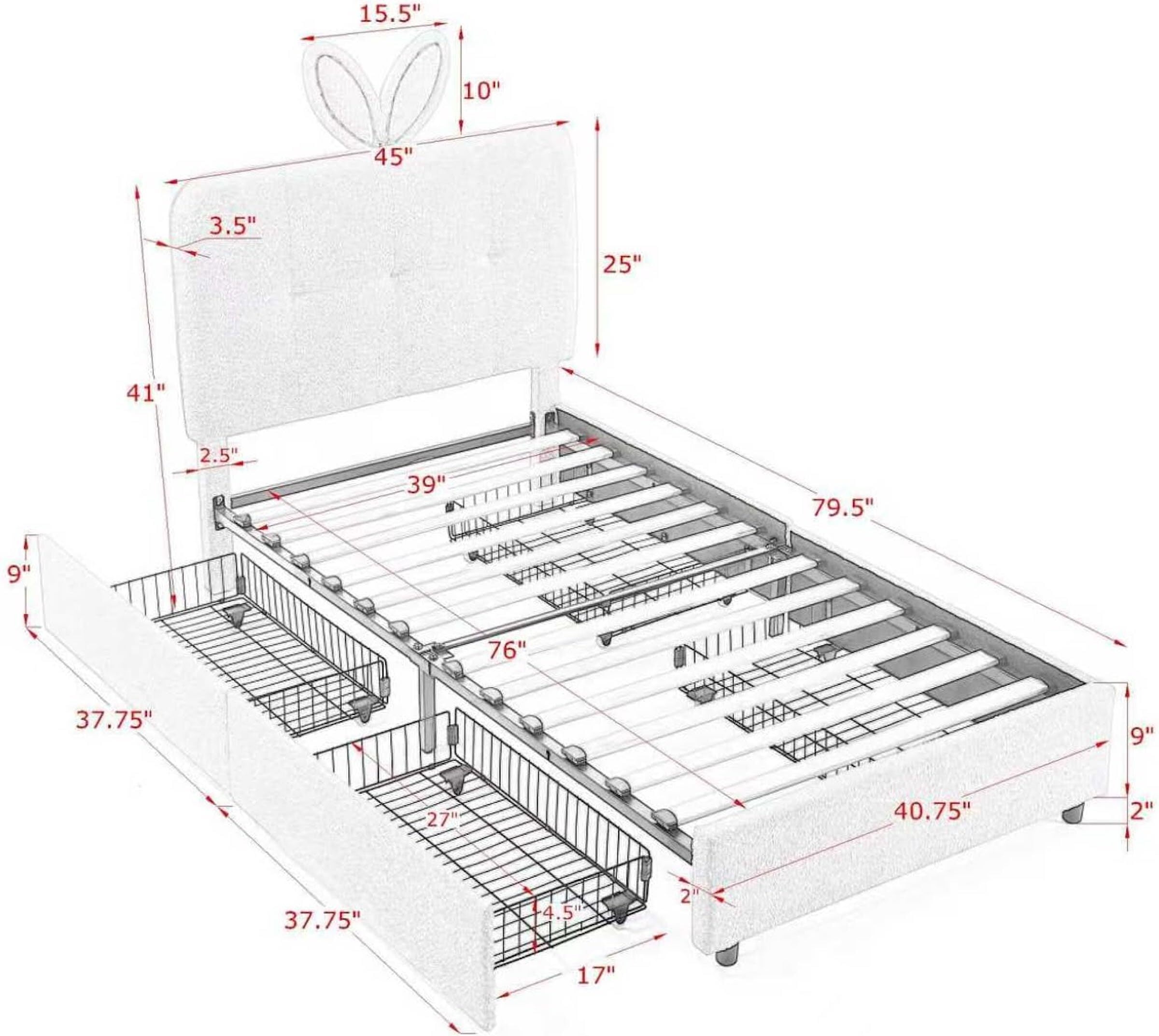 Aisword Twin Upholstered Bed Frame with 4 Storage Drawers & Rabbit Ear LED Headboard, No Box Spring Needed, Wooden Slats Support, Beige