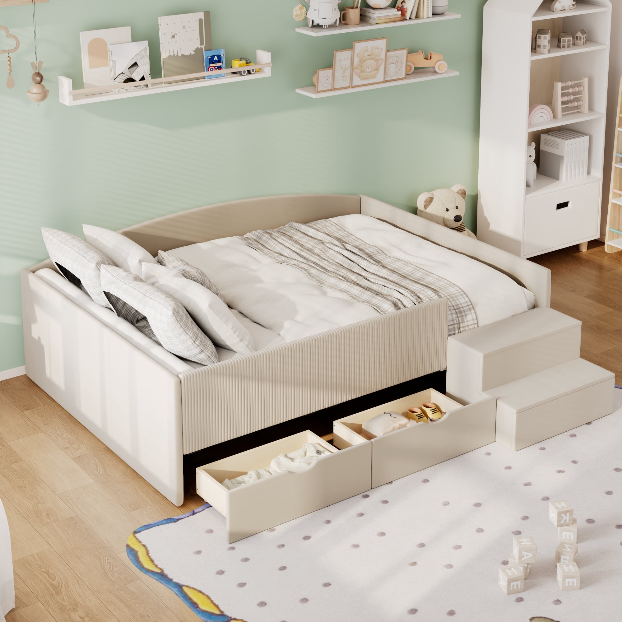 Mintazer Full Size Cute Upholstered Floor Daybed Frame with Safety Guardrail & 2 Storage Drawers & Stairs for Teens Kids, Beige