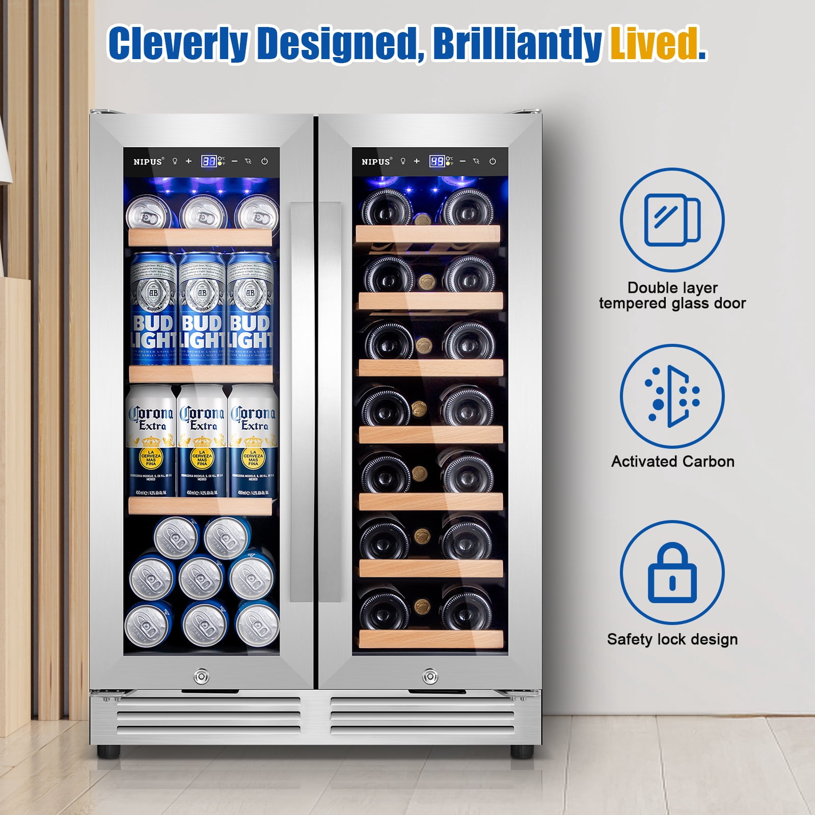TITTLA 24 inch Wine and Beverage Refrigerator,Dual Zone 21 Bottles and 80 Cans,Built in,Silver