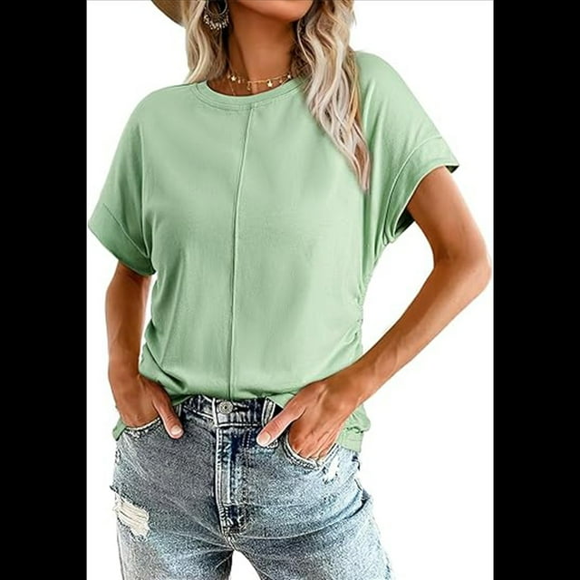 Blusa de Verano con Cuello Redondo y Mangas para Mujer, Color Verde , Talla M