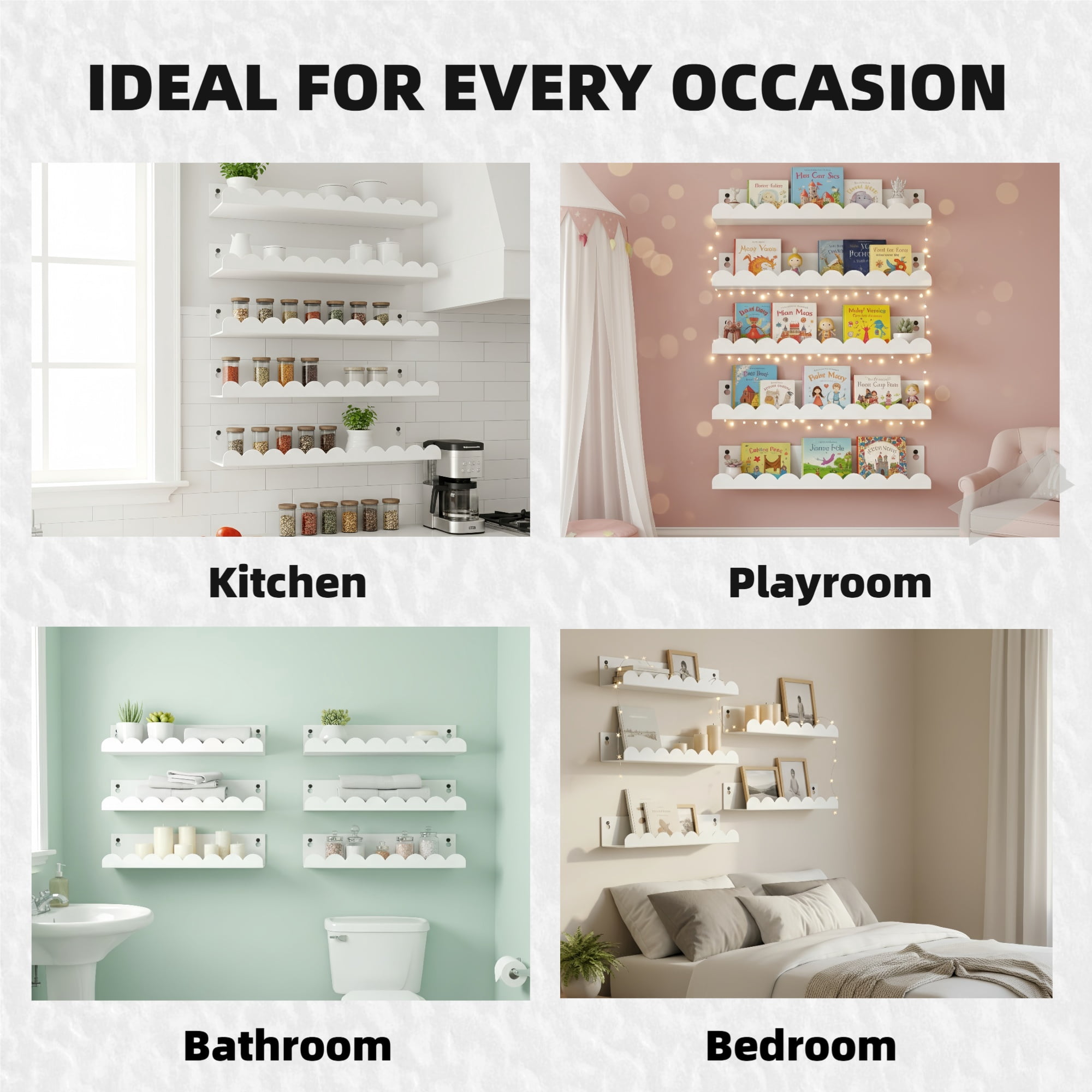 6-Piece White Nursery Book Shelves,  Metal Floating Shelves for Wall, 16 Inch Scalloped Book Shelf for Kids Room, Bathroom, Bedroom, Playroom Wall Decor(6 Count)