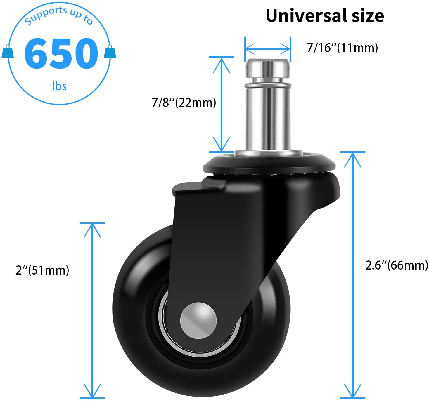Set of 5 LPHY Office Chair Caster Wheels Universal Rollerblade Heavy Duty and Soft Rubber Safe for Hardwood Floor 2.5 Inch Black 