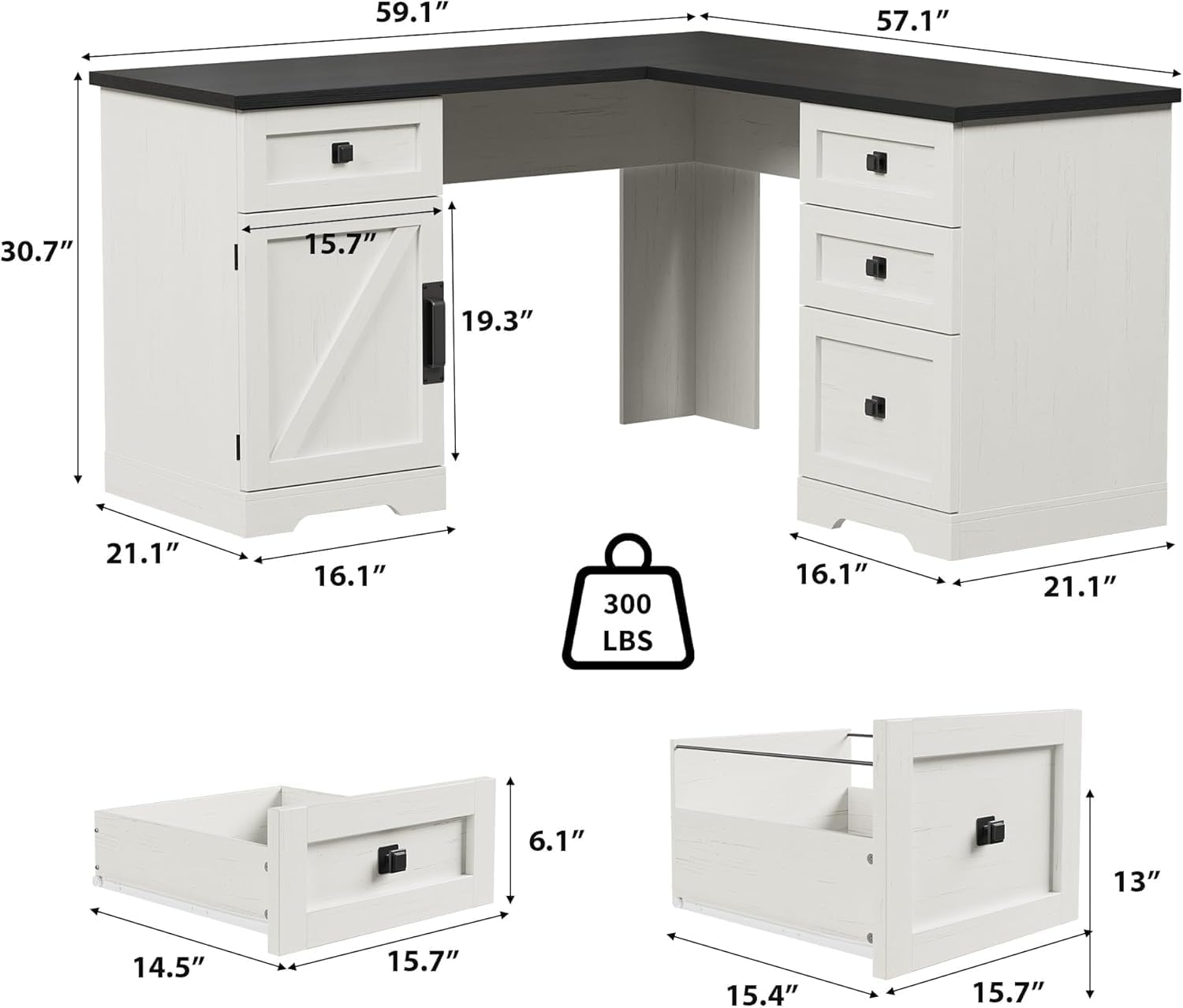 Farmhouse 60" Executive l Shaped Desk, Home Office Desk with File Drawers and Storage Cabinet, Corner Computer Desk with Adjustable Side Storage Cabinet (Black)
