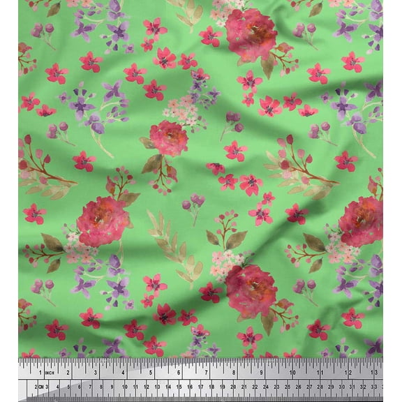 Soimoi Green Cotton Duck Fabric Chrysanthemum & Blossom Floral Fabric Prints By Yard 44 Inch Wide