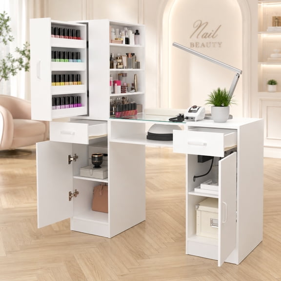 Katalora 47" Manicure Table Nail Desk for Nail Tech, Glass Top with Power Outlet, Wrist Rest, Storage Cabinets & Shelves, White