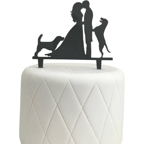Bride, Groom and 2 Dogs Silhouette Acrylic Cake Topper