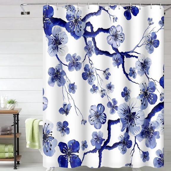 Plum Blossom Shower Curtain Watercolor Blue Floral Modern Art Painting Shower Curtains for Bathroom Accessories Waterproof Polyester Fabric with Hooks, 72 x 72 Inch