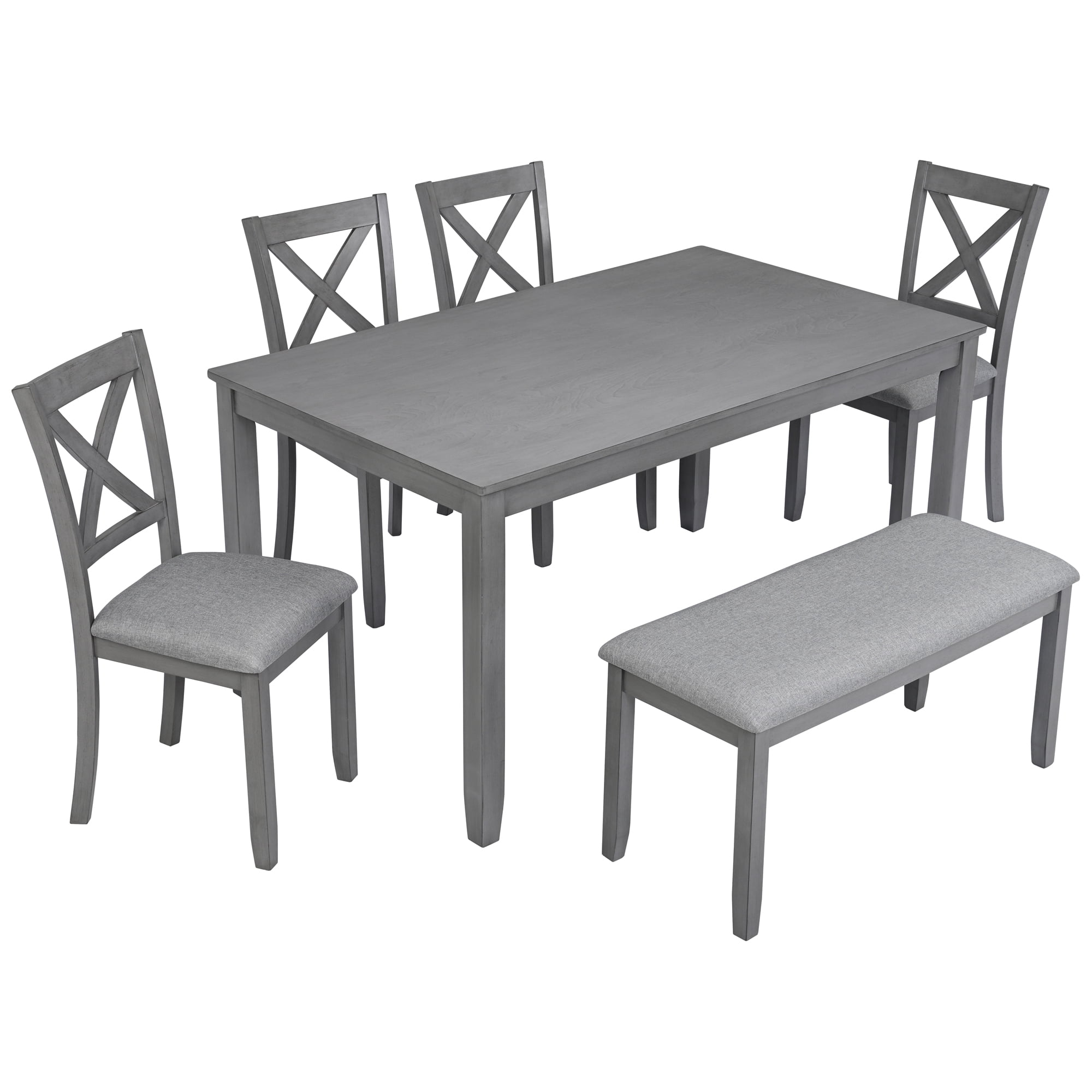 Gewnee Dining Set for 6,Farmhouse 6 Piece Dining Table Sets with Bench,Rectangle Wood Kitchen Table and 4 Upholstered Chairs.Gray
