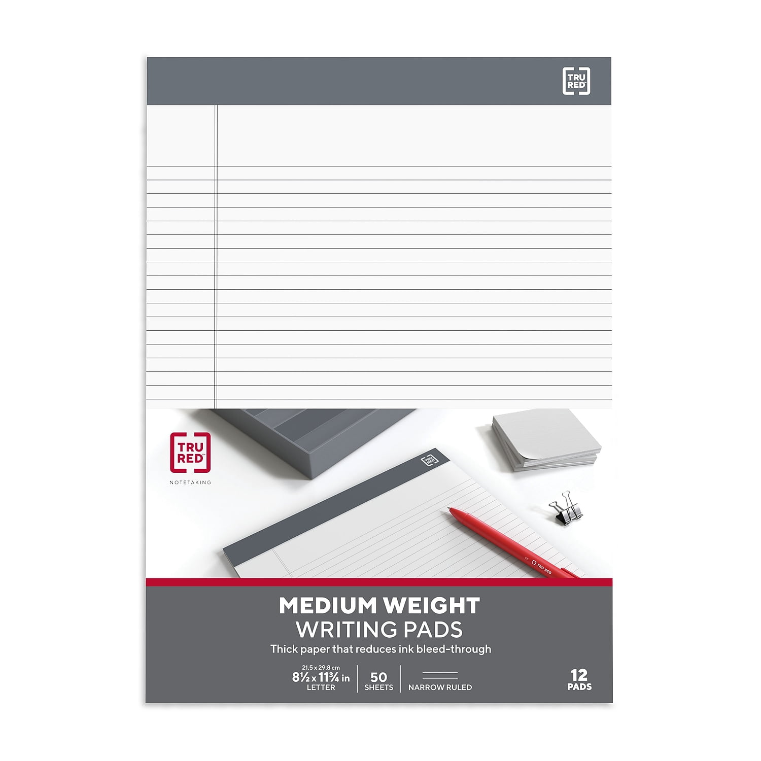 Staples TRU RED Notepads 8.5" x 11.75" Narrow Ruled White 50 Sheets/Pad 24/Carton TR59913/TR573VS