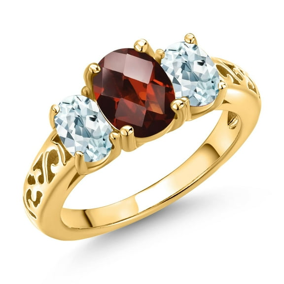 Gem Stone King 18K Yellow Gold Plated Silver Red Garnet and Sky Blue Aquamarine Filigree Style 3 Stone Ring for Women (2.53 Cttw, Oval 8X6MM and 6X4MM, Size 9) (Size 9)