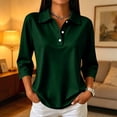 thumbnail image 5 of Polo Shirts for Women 3/4 Sleeve Vintage Button Collar Dressy Fall Office Basic Tops Dark Green 3XL, 5 of 9