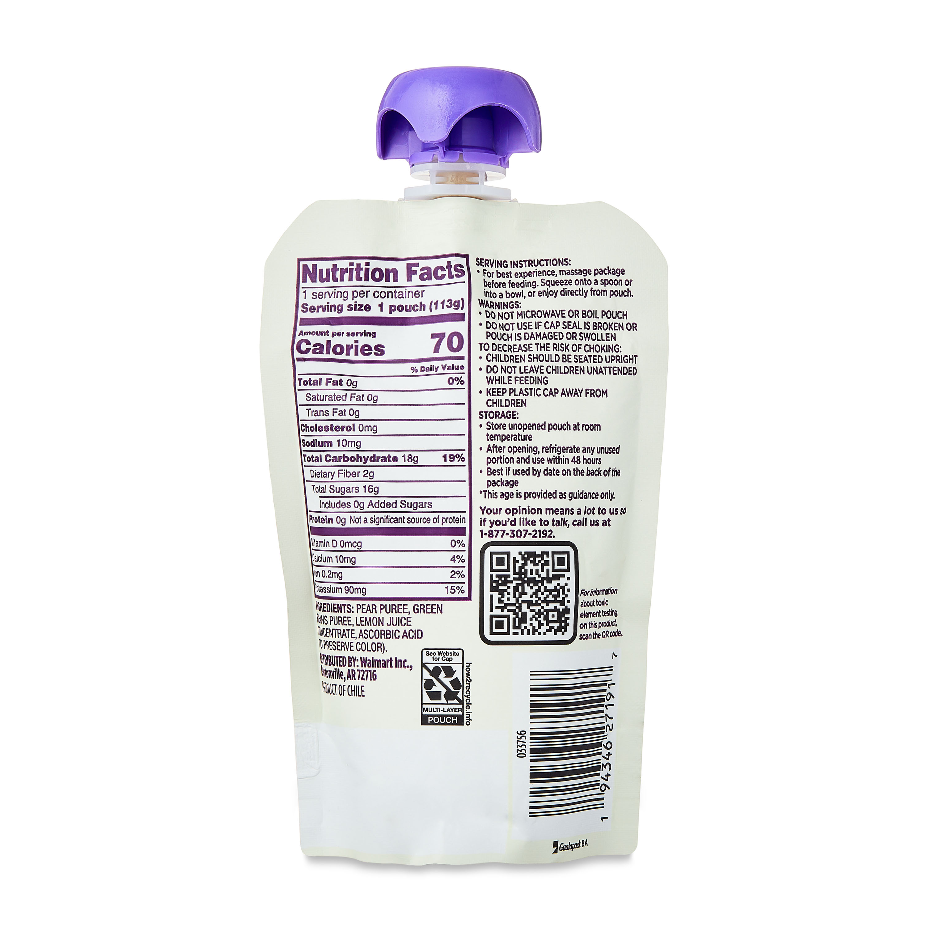 Comida para Bebé Etapa 2 de Parent's Choice, Puré de Pera y Ejotes, Bolsa de 4 oz 8