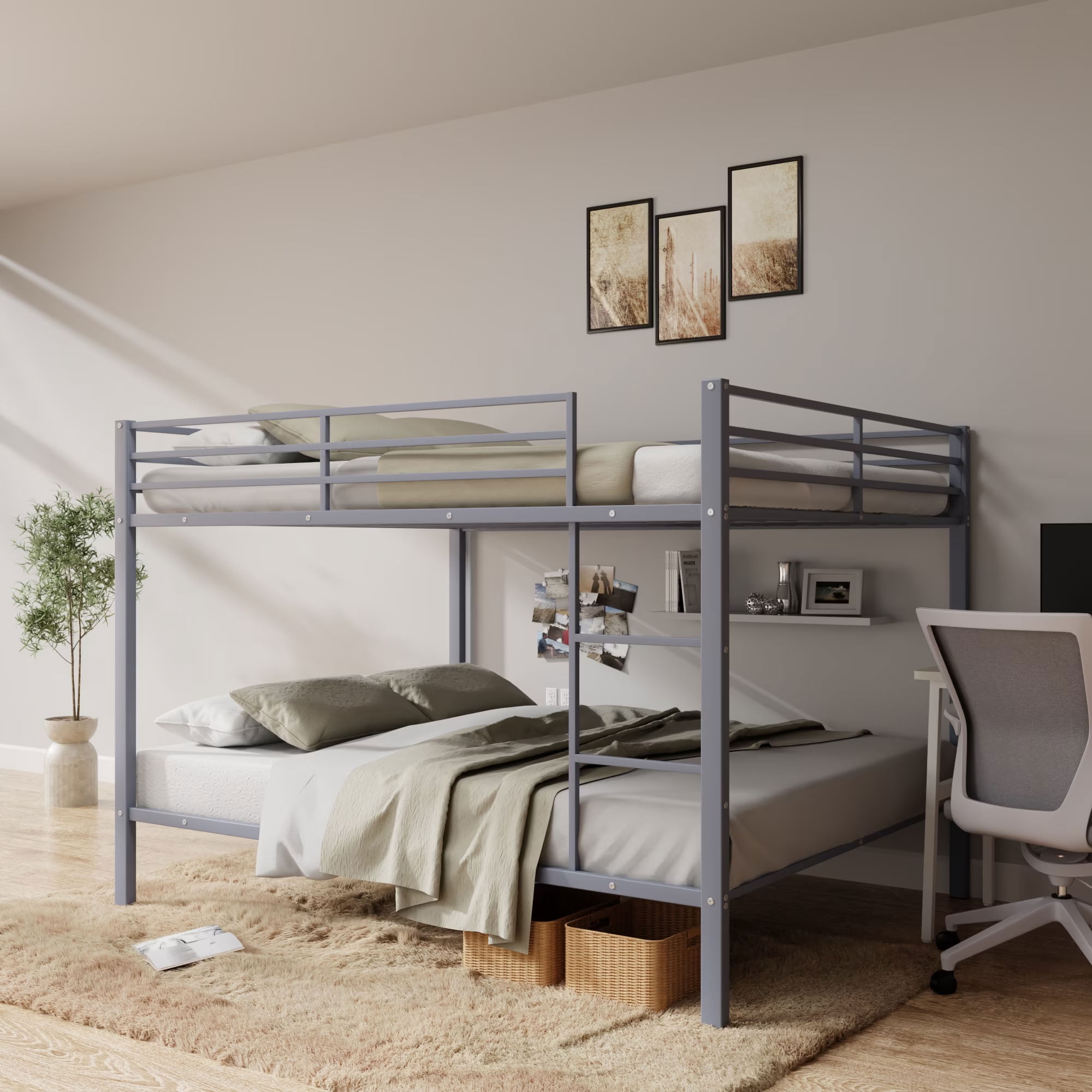 MAYEERTY Full Over Full Metal Bunk Bed, Low Profile Bed Frame with Built-in Ladder and Full Length Guardrails, Space Saving for Kids Teens Dorm Room
