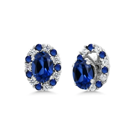 - 1.72 Ct Oval Blue Simulated Sapphire 925 Sterling Silver Earrings with Jackets