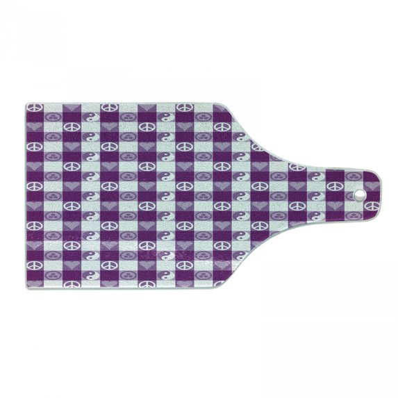 Plaid Cutting Board, Hearts Ying Yang Pattern Sign of Peace Pax Cultura Theme, Decorative Tempered Glass Cutting and Serving Board, Wine Bottle Shape, Magenta Lavender White, by Ambesonne
