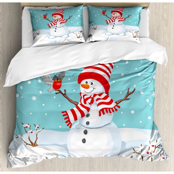 Snowman Duvet Cover Set King Size, Winter Time Snow Silhouette with a Bird and Branches Happy Christmas Design, Decorative 3 Piece Bedding Set with 2 Pillow Shams, Multicolor, by Ambesonne
