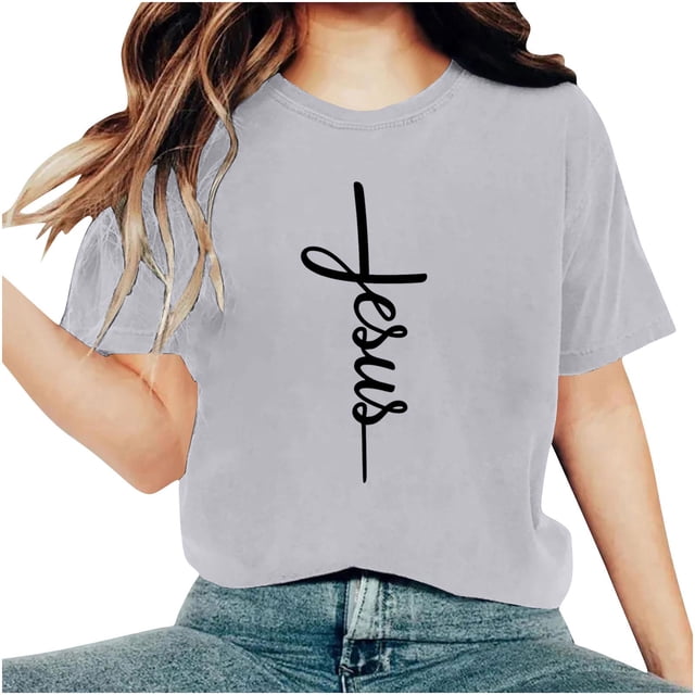 Camisetas de Cuello de Tripulación de Manga Corta para las Mujeres Cartas de Impresión de Pascua Camiseta de Manga Corta, Spandex de Poliéster