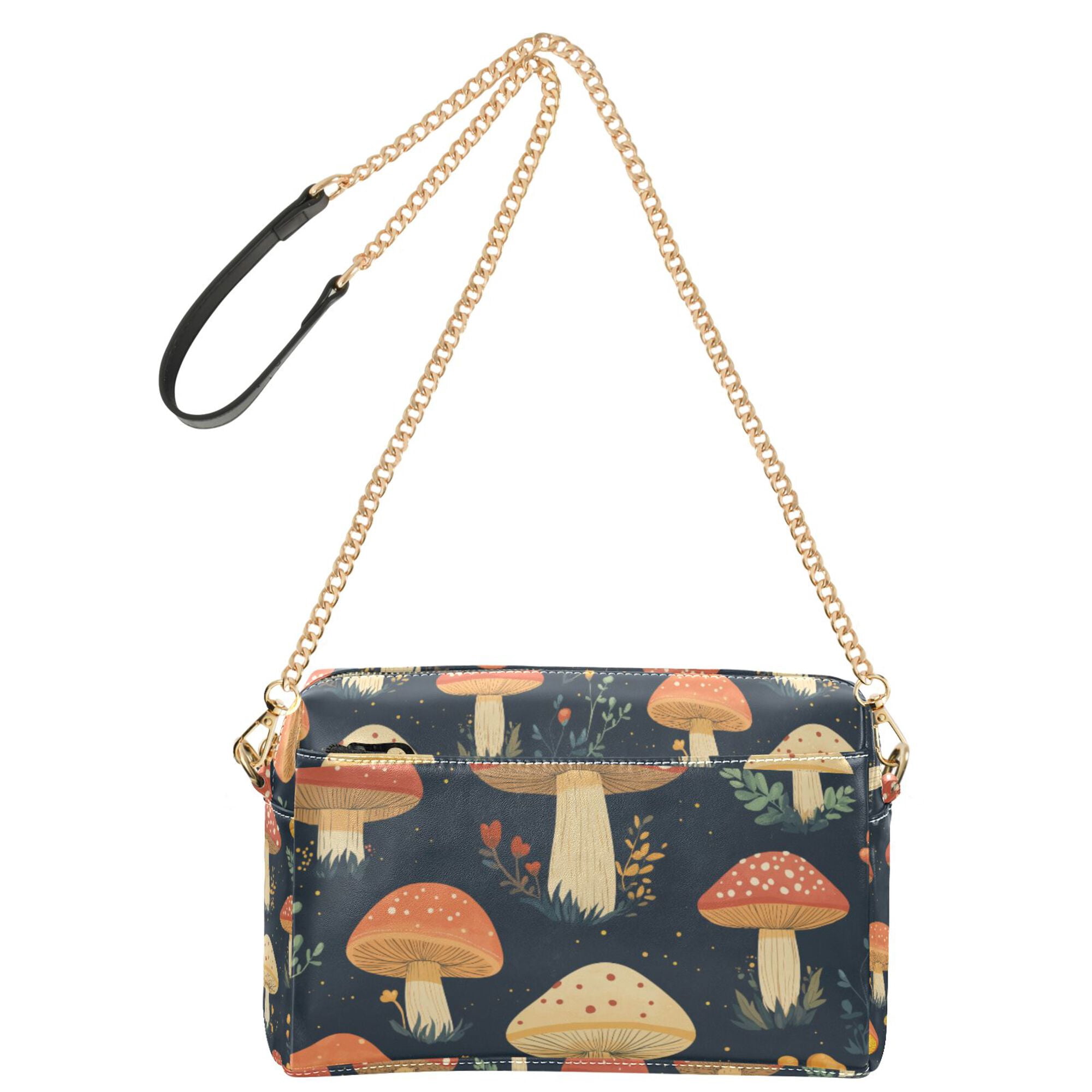 FORMRS Women Crossbody Purse with Chain Strap Vegan Leather Shoulder Handbag, Black Mushroom Pattern