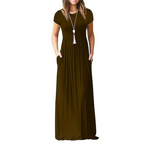 Casual Long Dress for Women Solid Color Short Sleeve Maxi Dress with Pocket
