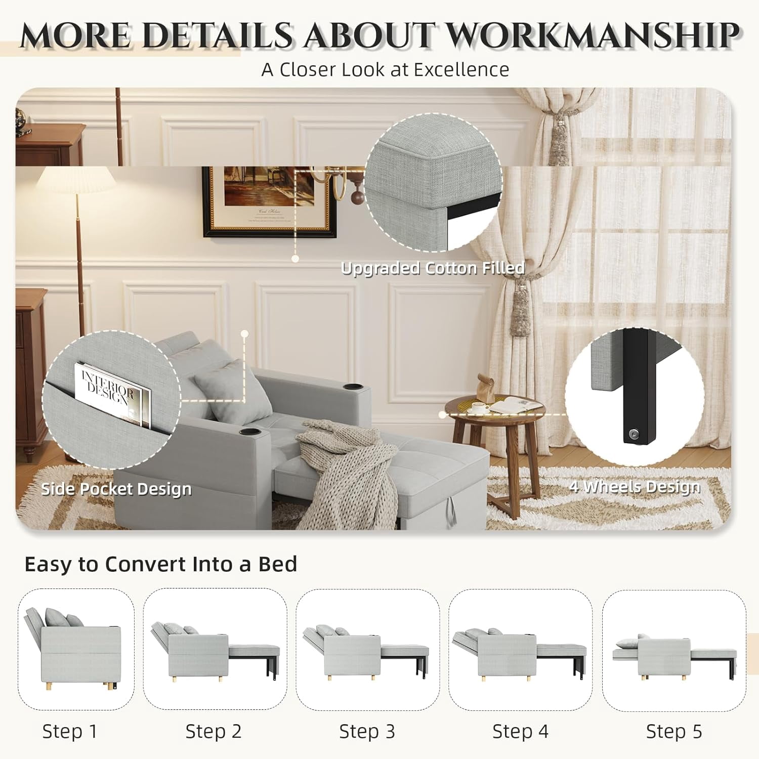 AECOJOY Sofa Bed, 38" Extra-Wide 3-in-1 Convertible Pull-Out Single Sofa with Adjustable Backrest and Cup Holder, Light Grey