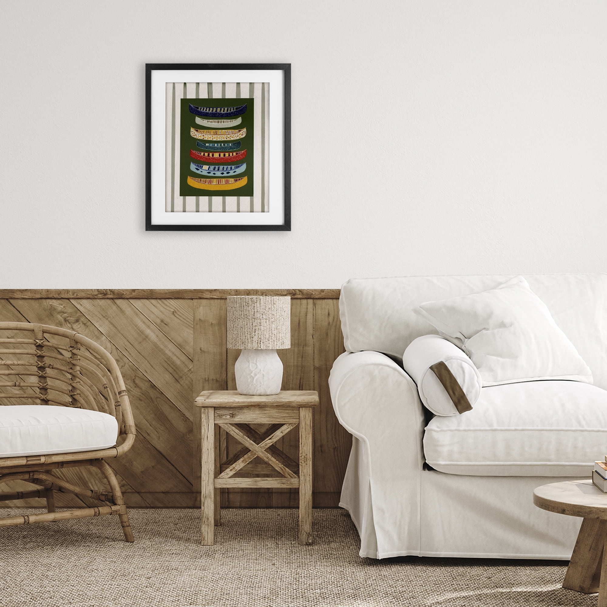 Stupell Industries Patterned Canoes over Stripes Black Framed Print Under Glass, design by Yen