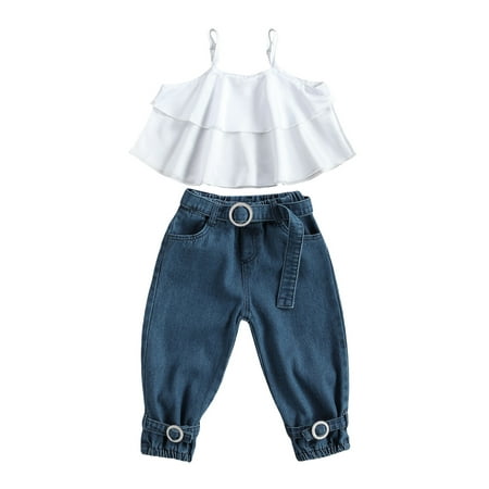 

BrilliantMe Baby Girls Sling Layer Ruffle Tank Tops and Denim Long Pants Belt Outfits Set White Blue 2-3 Years