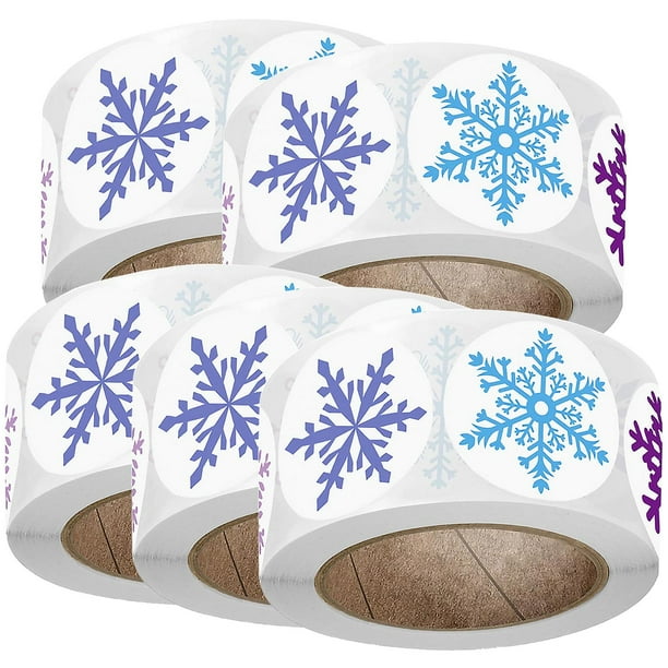 Etiquetas Fiestas Año Nuevo FrostFlakes 5Pzas 5x50 Etiquetas Copos de Nieve Ø2.5cm 8 Diseños Papel Adhesivo Mate Multico
