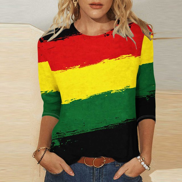 Fridja Liquidation Chemises pour Femmes Manches 3/4 Col Ras du Cou Hauts pour Femmes Printemps Été Décontracté Ample à Rayures Imprimé Plage Vacances Blouses (Multicolore,m)