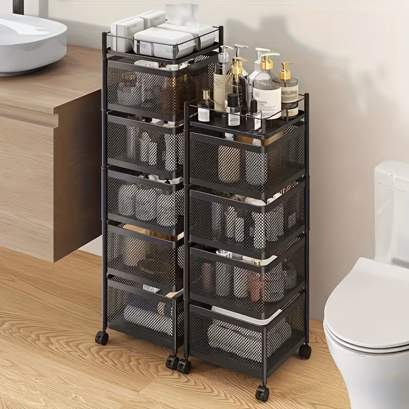 5-Tier Rotating Metal Storage Shelf on Wheels – Multi-Layer Fruit & Vegetable Basket Trolley, Square Floor-Standing Utility Cart for Kitchen, Bathroom, Garage