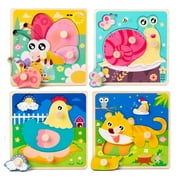 Wooden Peg Puzzles for Toddlers 1-3, Kids' Educational Preschool Peg Puzzle Toy, Set of 4 Toddler Puzzles - butterfly, Snail, Hen, Tiger, Ideal Gift for Ages 1 2 3 Boys and Girls