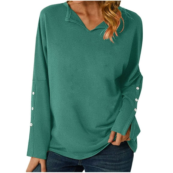 Scyoekwg Womens Fall Tops Long Sleeve Comfy Clothes for Women V-Neck Button Basic Tops Pullover Tops Trendy Dressy Casual Loose Solid Color Blouses(Green,M)