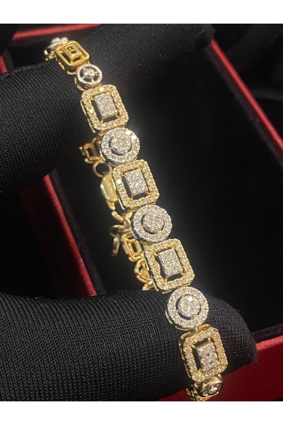 Pave 1.92 Cts Round Brilliant Cut Natural Diamonds Halo Tennis Bracelet In Hallmark 14K Yellow Gold