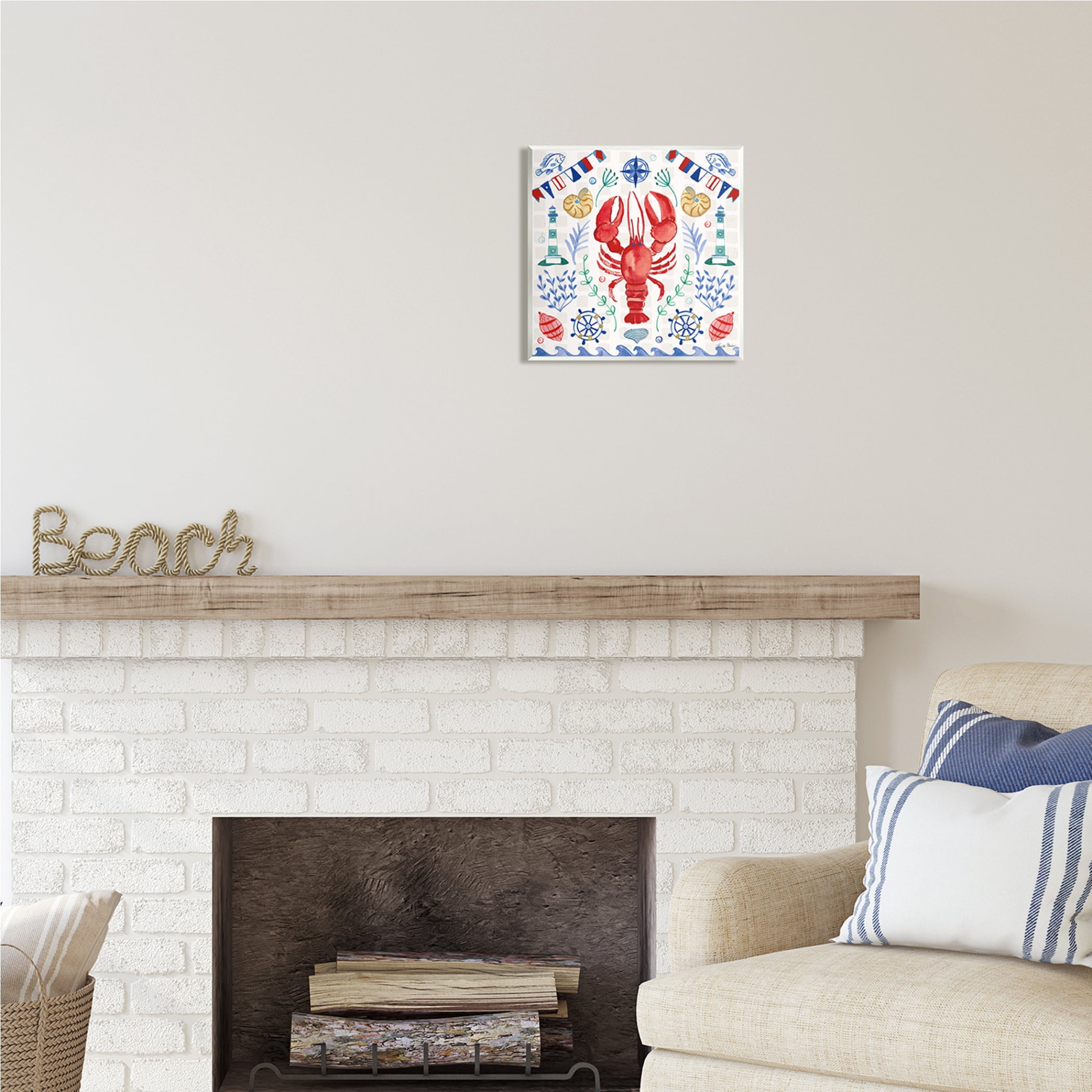 Stupell Industries Lobster on Nautical Pattern Animals & Insects Painting Unframed Art Print Wall Art, 12 x 12