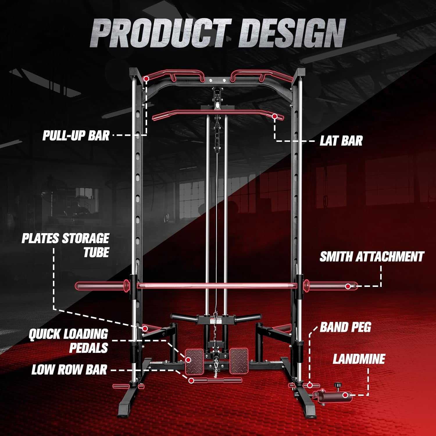 RitFit Smith Machinefor Home Gym, Power Cage Weight Half Rack Weight Lift with LAT-Pull Down System, Landmine (Smith Machine (with Weight Bench and Bumper Plates 230 LBS))